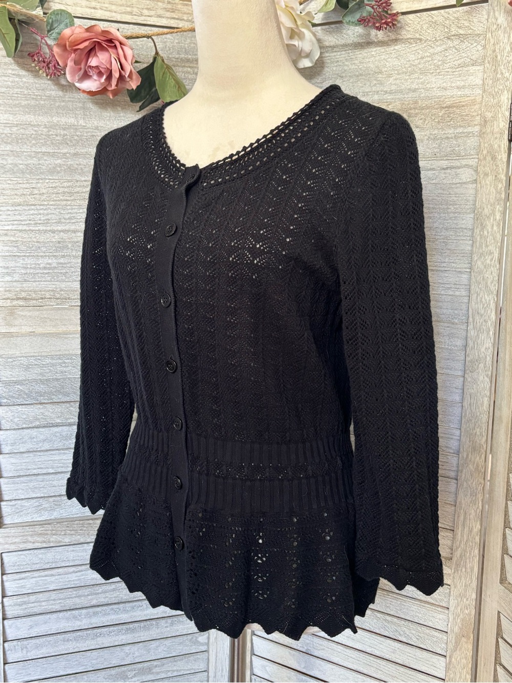 Y2K Vintage EXPRESS Black Crochet Knit Cardigan w/ Crochet Peplum, Women’s SZ LG - Picture 2 of 16